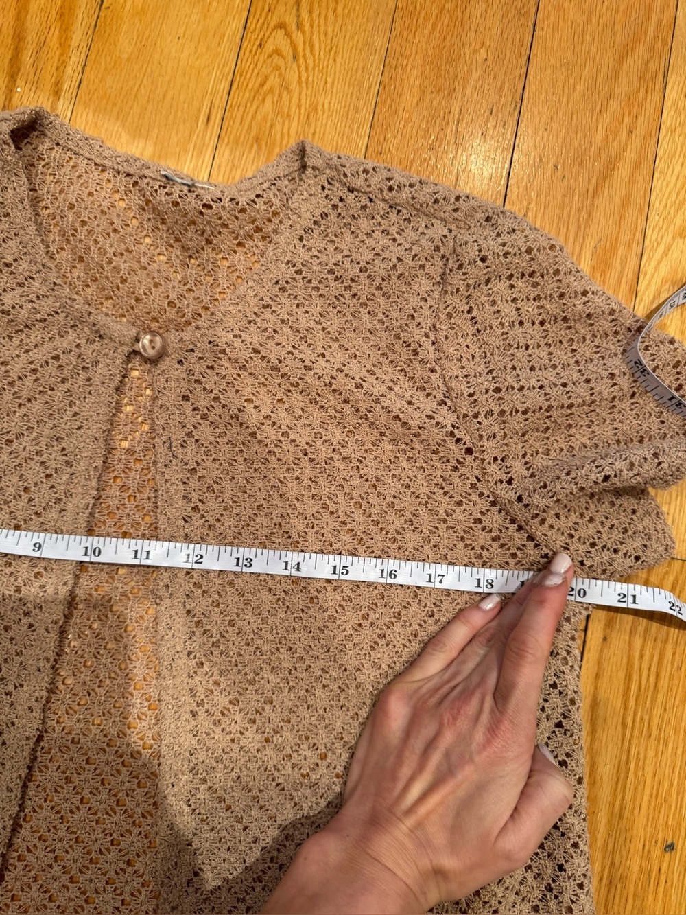Vintage Taupe Open Knit Crochet Cardigan | Single Button Boho Beach Cover Up | - Picture 7 of 7